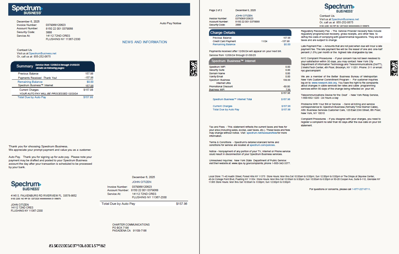 USA Spectrum Business utility bill template in Word and PDF formats, 2 pages, version 2